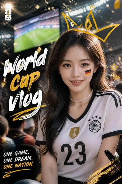 Ultra-realistic sports fan portrait poster, beautiful young woman with long wavy dark brown hair sitting in a packed foo