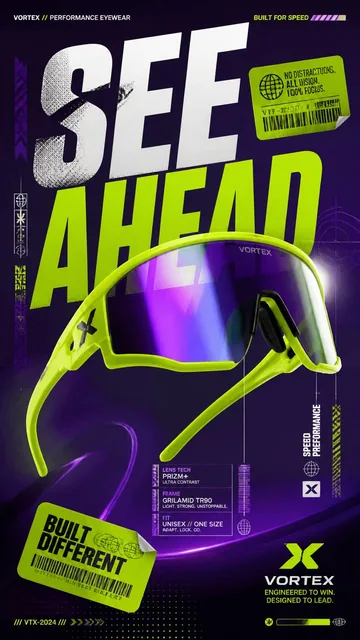 A premium 9:16 sports-fashion advertising poster featuring oversized neon lime performance sunglasses centered against a deep royal purple backdrop, with bold typography and graphi