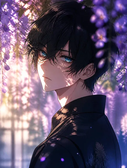 A breathtakingly aesthetic modern anime illustration of Itoshi Rin from Blue Lock standing in a garden of blooming wiste