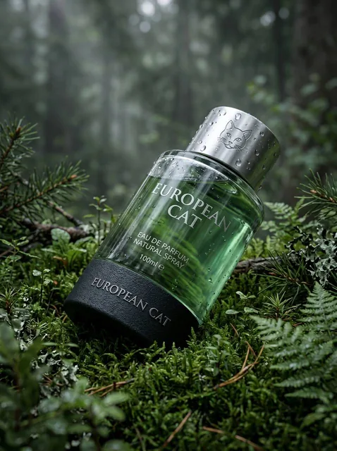 Ultra-realistic premium fragrance product shot of a EUROPEAN CAT positioned at a (low macro angled shot) resting diagona