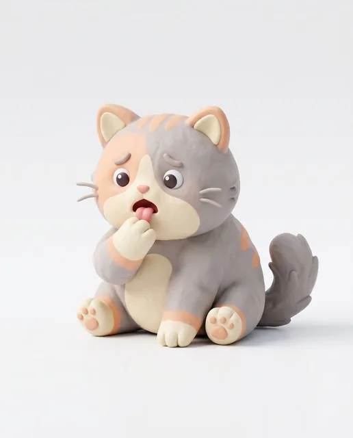 Cute 3D render of a cat, matte finish, sculpted clay icon style, simple stylized design, licking paw, mortified, rounded
