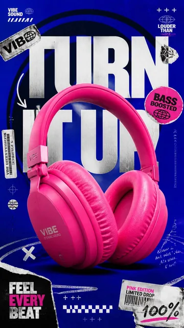 A premium 9:16 advertising poster with a single oversized neon pink wireless headphone centered against a deep electric blue backdrop, featuring bold "TURN IT UP" typography and gr
