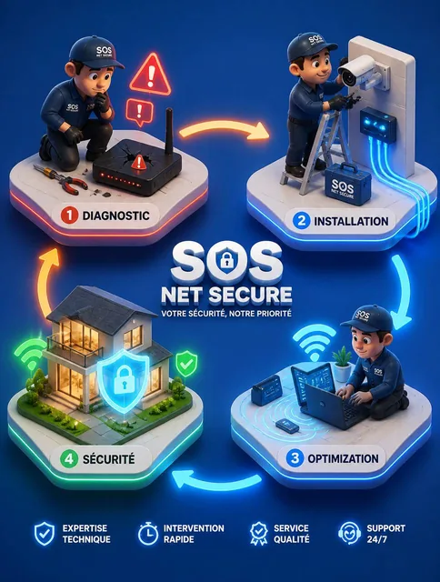 sometric 3D workflow illustration of a professional IT and Security service called "SOS NET SECURE". The image features