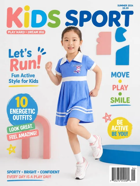 Children's sports magazine cover, full-body studio shot of a cheerful young girl in a dynamic, energetic running/jumping