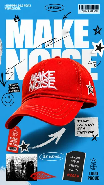 A premium 9:16 streetwear advertising poster featuring a large, bright-red baseball cap centrally placed against a vivid sky-blue studio backdrop with bold "MAKE NOISE" typography