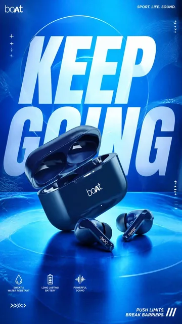A premium commercial advertising poster for modern wireless earbuds, featuring the earbuds centered against a vibrant electric-blue backdrop with bold 'KEEP GOING' typography and d