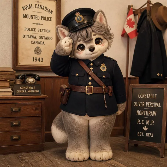 Generate one image of a anthro animal (19th (1940s) Century Era, Mention any year and character's full name) Canadian Ma