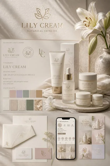 Create a high-end luxury brand identity presentation for an original skincare brand named “LILY CREAM”. The final output