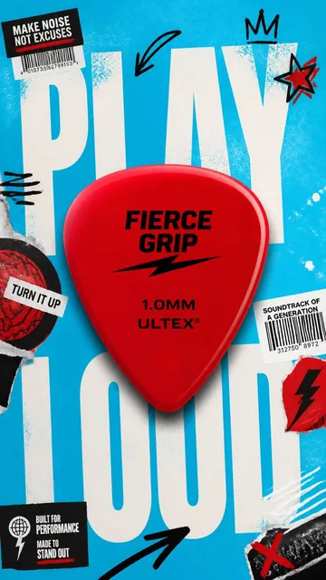 A premium 9:16 advertising poster with a large, bright-red guitar pick centered on an electric cyan background, featuring bold 'PLAY LOUD' typography and dynamic graphic elements.