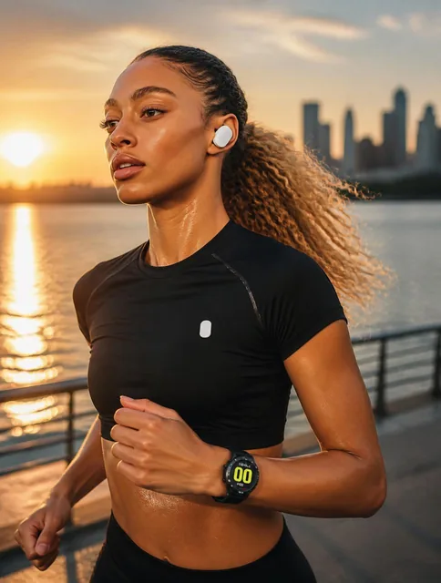 An athletic runner jogging along a waterfront at sunrise wearing premium wireless earbuds. Golden sunlight illuminating