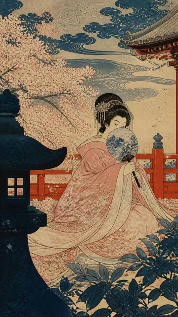 Edo-period Japanese ukiyo-e woodblock print style, in the manner of Hokusai and Hiroshige. Flat color planes with no smo