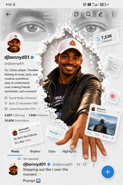 use image 1 as a reference and create the same image using my photo. my page should be branded as djbennyd01. i was born