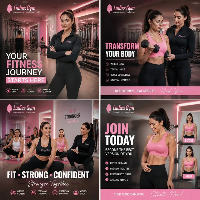 Create a complete premium ladies gym advertising campaign consisting of 4 unique social media posters for the same women