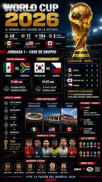 Diseña una infografía deportiva premium estilo ESPN, MARCA, AS y Sky Sports para la Copa Mundial de la FIFA 2026. Format