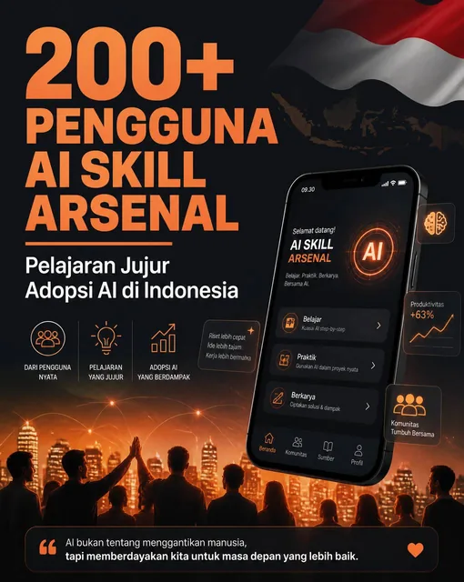 Modern tech-visual social media graphic. Bold headline text "200+ PENGGUNA AI SKILL ARSENAL" in orange (#C97345) on dark