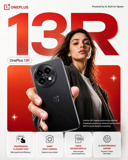 OnePlus 13R smartphone campaign poster featuring a female model in minimalist fashion holding the device, with bold red typography and feature highlights against a clean white back