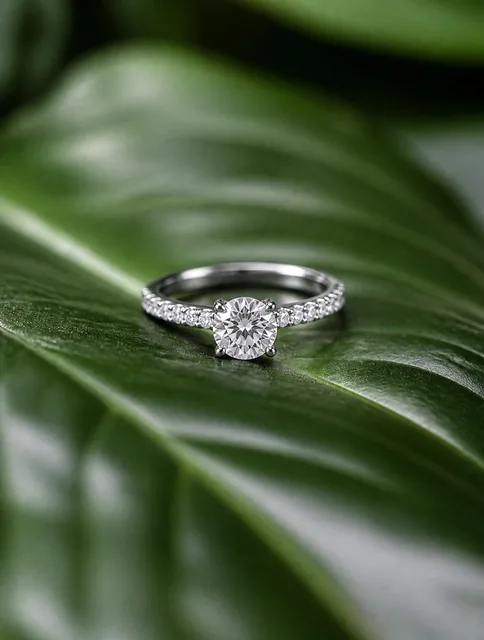 A brilliant-cut diamond engagement ring with a pavé-set band rests delicately on the smooth, vibrant green surface of a