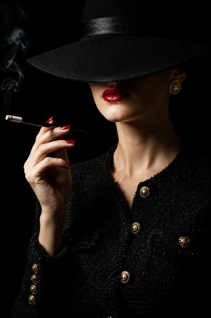 A sophisticated woman in a high-fashion black tweed jacket with gold buttons is captured in a classic noir aesthetic, he
