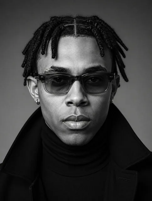 A studio-style close-up editorial portrait of Peter Mensa with strong, well-defined facial features and slightly imperfe