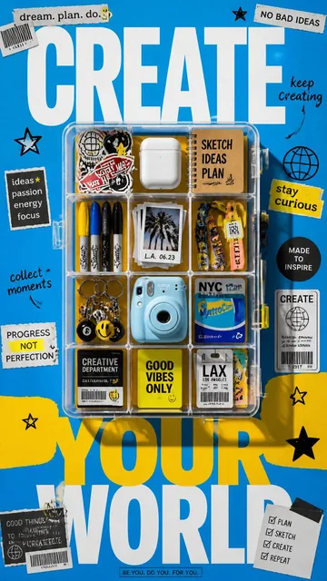 A premium 9:16 youth-culture lifestyle advertising poster.Main Subject:An oversized transparent desk organizer positione