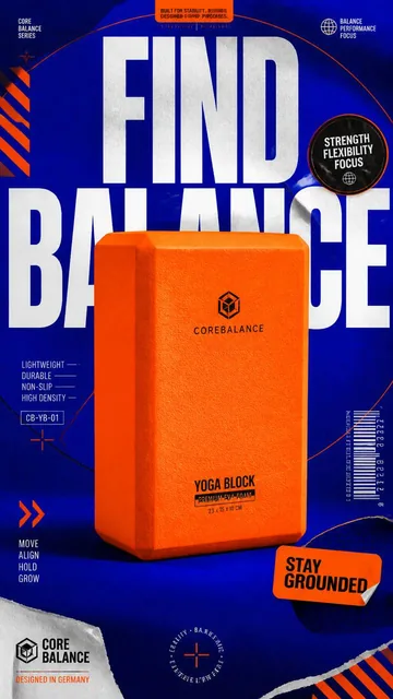 A vibrant 9:16 fitness advertising poster with a neon orange yoga block centered against an electric blue background, featuring bold white text 'FIND BALANCE' and dynamic graphic e