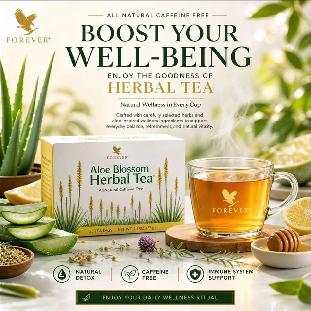 Create a premium wellness advertising poster for a herbal tea brand. Design it as a polished commercial poster with a cl