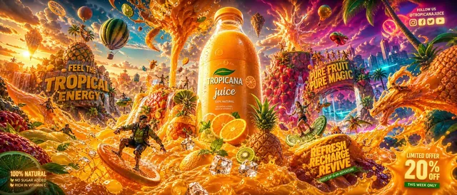 Create an insanely creative, visually overwhelming, cinematic juice advertising flyer with a unique fantasy concept that