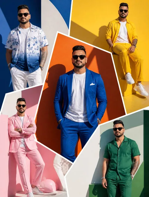 The SAME male model displayed across oversized random-shaped fashion panels inspired by modern art galleries. Bold block