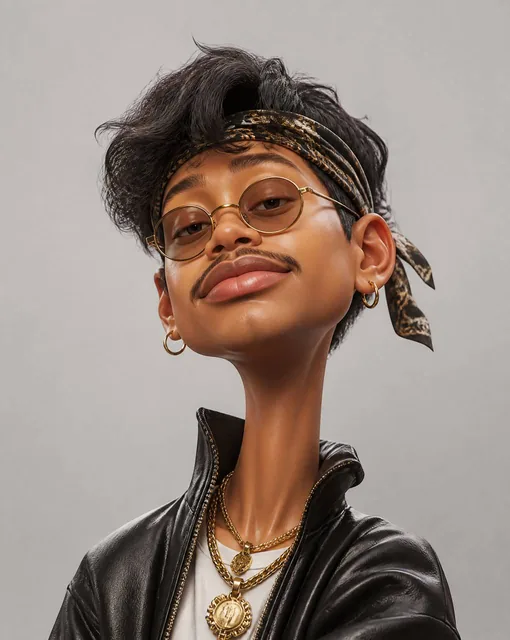 Create an exaggerated stylized 3D caricature character portrait with strong intentional deformation and a clean, control