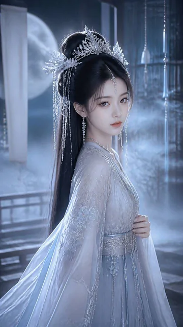 A serene portrait of a young Eastern woman with a cool, ethereal beauty, adorned in exquisite ancient Chinese attire and delicate silver jewelry, set.