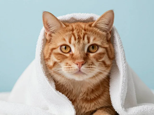 Ultra realistic portrait of a ginger cat wrapped in a soft white towel, fresh after bath, detailed fur texture, captivat