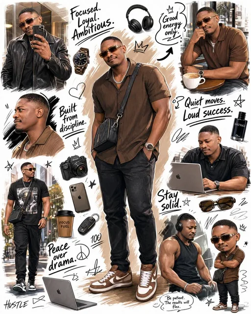 A hyper-detailed illustrated lifestyle collage of a stylish African man designed like a modern personality sketchbook po