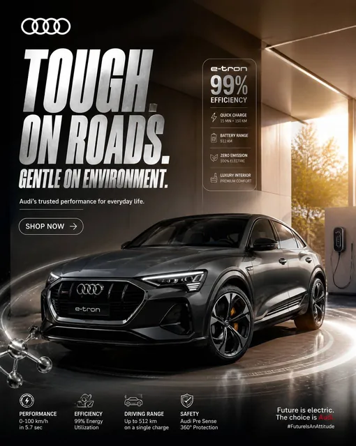 A hyper-realistic Audi e-tron electric car is showcased in a modern, sunlit luxury garage, featuring a young professional and subtle UI elements highlighting its efficiency and per