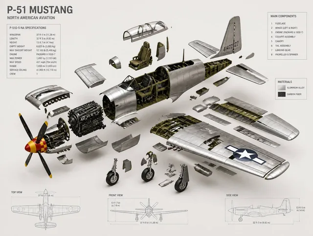 High-end 3D CAD exploded view diagram of a [p51 mustang], ready for framing. The aircraft is carefully disassembled into