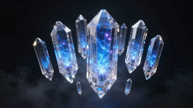 Floating crystalline monoliths suspended in a dark quantum void, illuminated from within by concentrated sapphire plasma