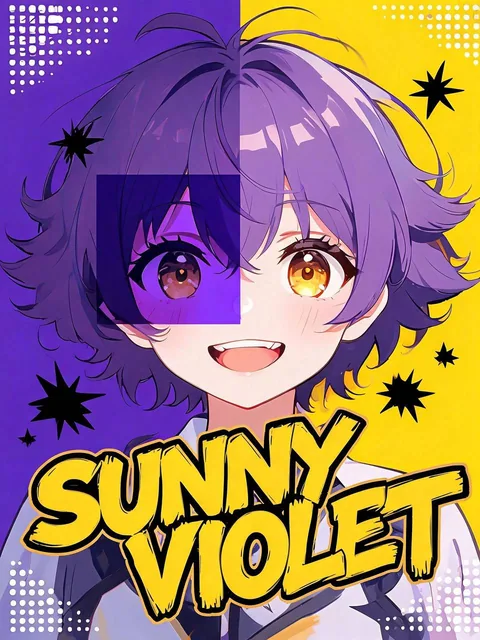 Violet & Sunflower YellowCheerful anime girl with short bouncy violet hair and golden eyes, deep purple geometric square