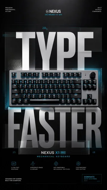 A premium commercial advertising poster for a luxury gaming keyboard launch, featuring a central ultra-premium mechanical keyboard with bold 'TYPE FASTER' typography and modern gra