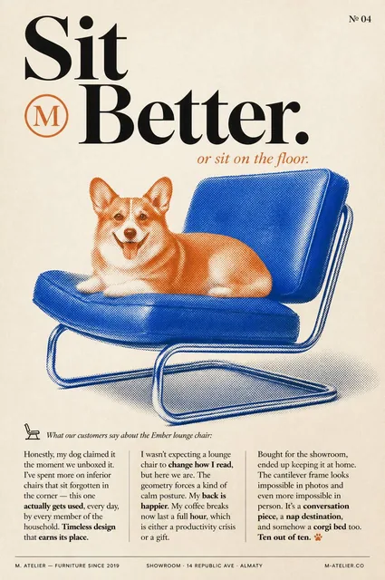 Vertical editorial poster in the style of a premium design magazine spread. Clean paper-textured background with a duoto
