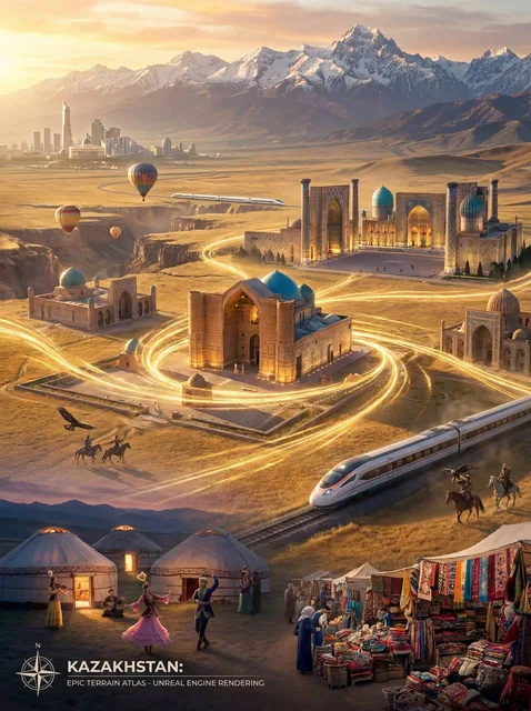 Create a visually unforgettable cinematic travel campaign for Kazakhstan that makes the nation feel like the world’s nex