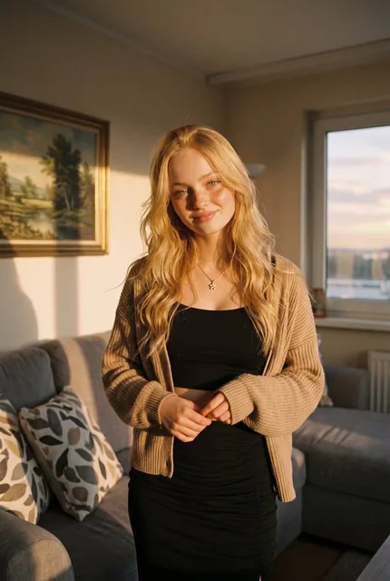 { "core_content": { "main_description": "A young woman in a black crop top and skirt poses in a cozy living room during