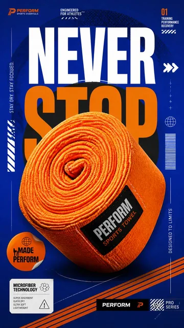 A premium 9:16 sports-fashion advertising poster with a bright orange sports towel in a spiral shape centered against a deep cobalt blue studio backdrop, featuring bold typography