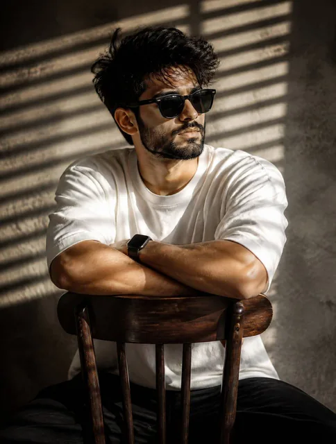 A high-resolution, cinematic portrait of a young man with messy, voluminous dark hair and a well-groomed beard. He is we