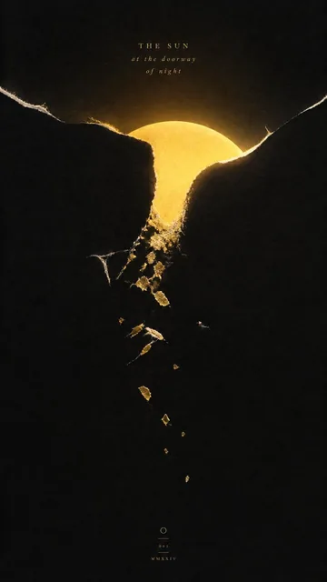 The sun standing at the doorway of night, vertical editorial illustration poster, deep black paper background, vast nega