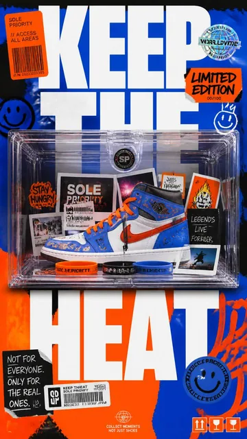 A premium 9:16 youth-culture advertising poster.Main Subject:A transparent sneaker storage box positioned perfectly in t