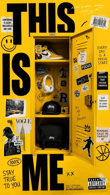 A premium 9:16 advertising poster with a vibrant yellow background, featuring an open school locker filled with color-coordinated streetwear items and bold 'THIS IS ME' typography.