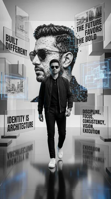A futuristic monochrome motivational digital artwork featuring a man resembling *Gaurav Kumar* walking forward confident