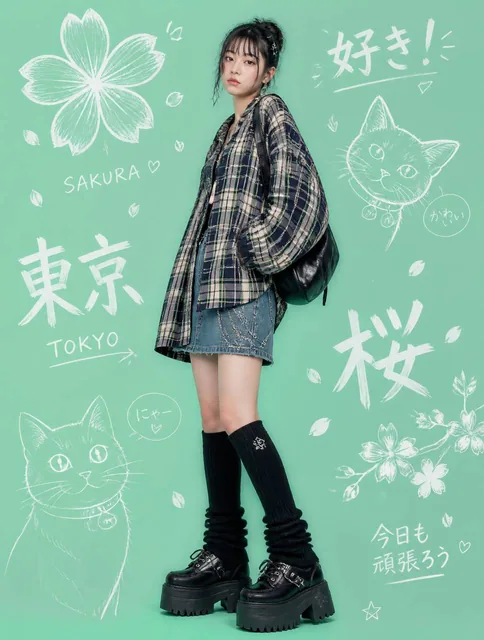 Japanese StreetwearA young Japanese woman in a plaid oversized flannel shirt, denim mini skirt, knee-high socks, and chu