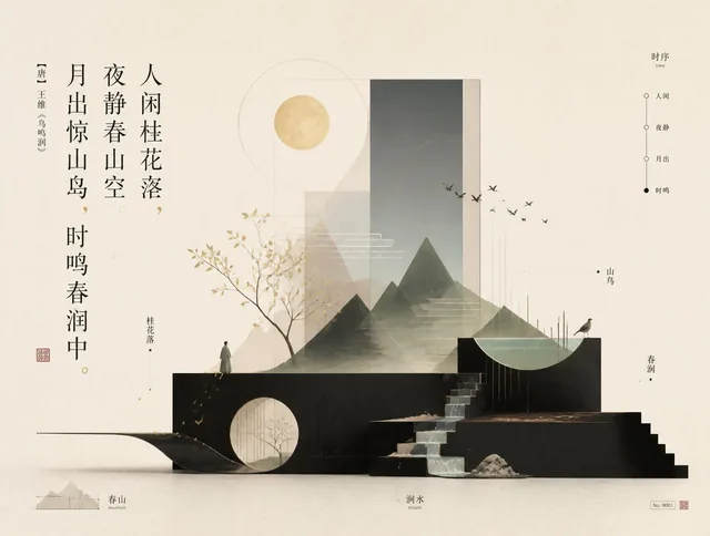 A minimalist, geometric poster blending Eastern poetry, editorial design, and miniature landscape art, inspired by a classical Chinese poem.