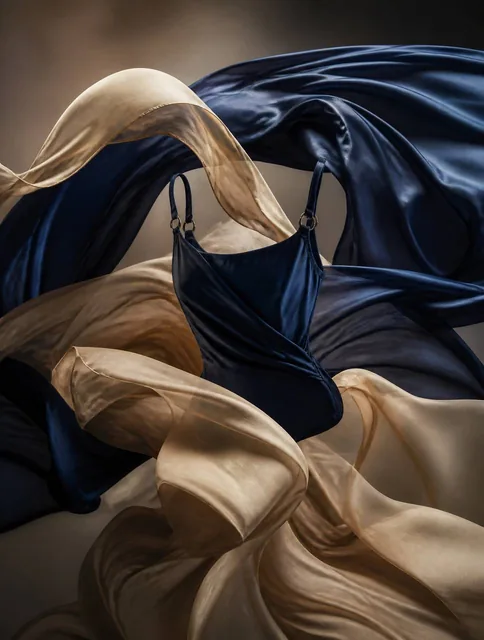 Hero section visual for a high-end swimwear manufacturer. Editorial magazine cover style, fashion-forward composition. L