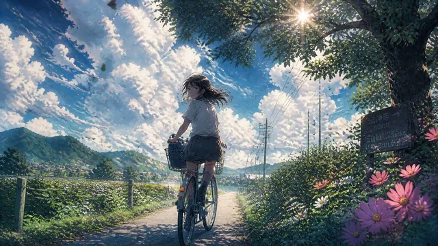 A teenage girl riding an old bicycle along a narrow countryside road surrounded by wildflowers, bright blue sky filled w